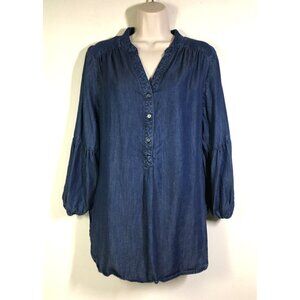 Intro Blue Denim Chambray Tunic Top XL Lyocell 3-Button 3/4 Sleeve V-Neck Bust46